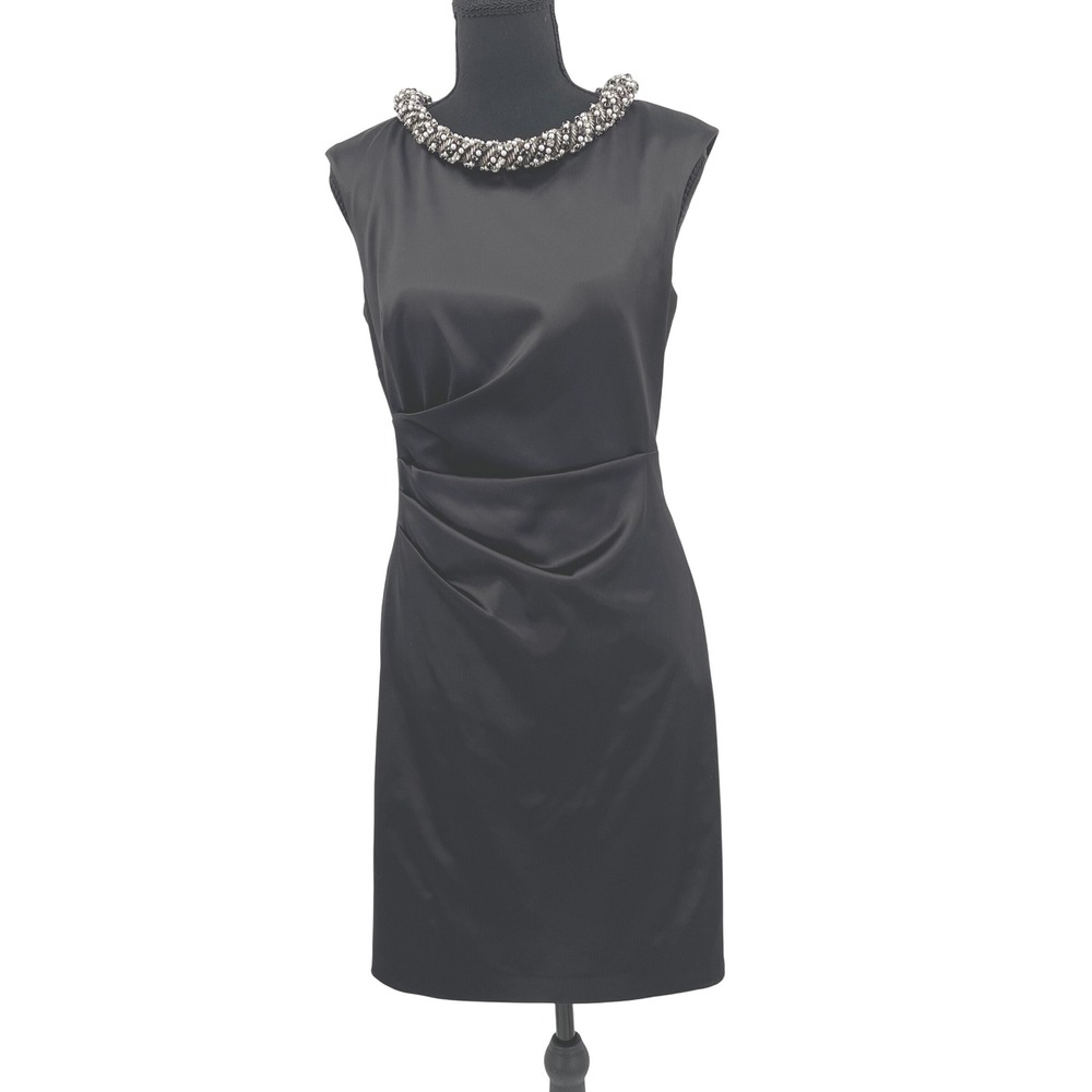 Eliza J Sheath Dress Womens 6 Black Polyester Satin Beaded Neck Cocktail Classic